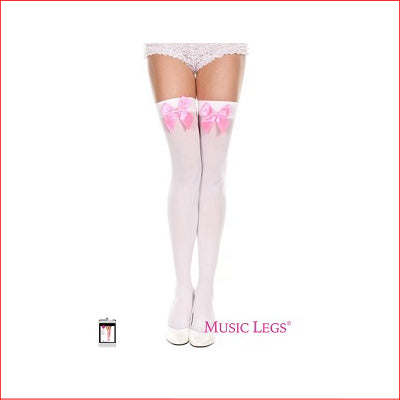 4742 Satin Pink Bow White Opaque Thigh High