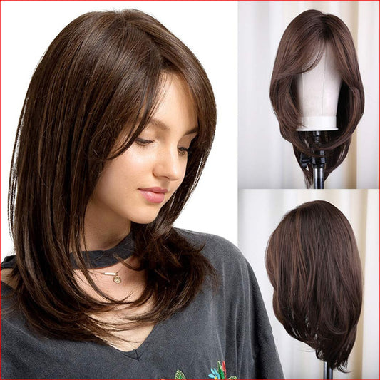 Wig Shoulder Length Brown Wig with Bangs