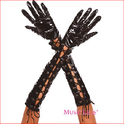 Wet Look Ribbon Lace Up Gloves