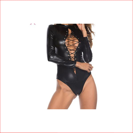 Wet Look Bodysuit Lace Up Large