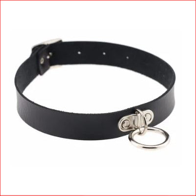 Leather Choker Black with Silver Ring