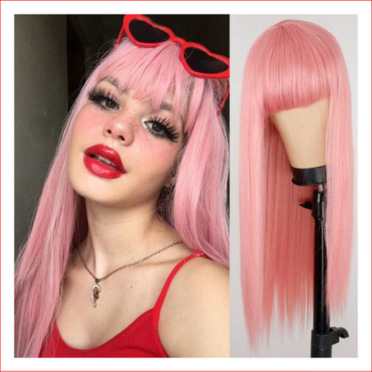 Wig X-Long Straight Pink w Fringe