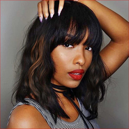 Wig Medium Wavy Black w Brown Highlights
