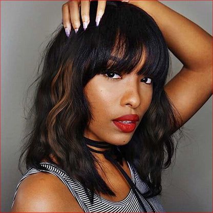 Wig Medium Wavy Black w Brown Highlights