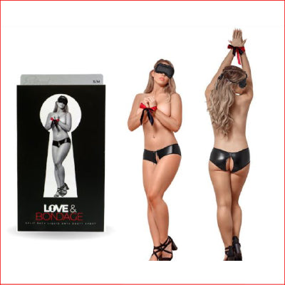 Love & Bondage Split Back Liquid Onyx Crotchless Booty Short 3pce Set L/XL