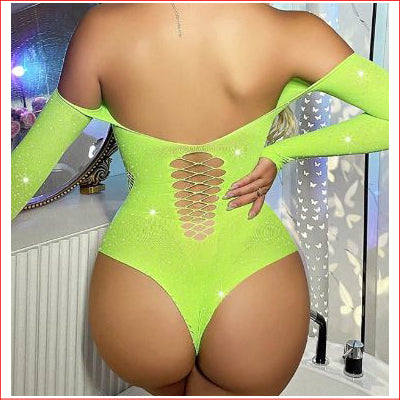 Rhinestone Bodysuit Fluro Yellow